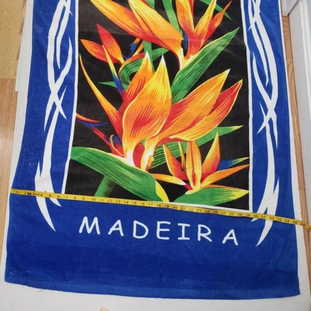 Vintage Madeira Beach Towel Bird of Paradise Tropical Tribal Floral Blue 90s Y2K